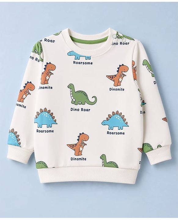 Babyhug Heavy Gauge 100% Cotton Terry Knit Full Sleeves Sweatshirts With Dinosaur and Text Print Pack of 2 - White & Green