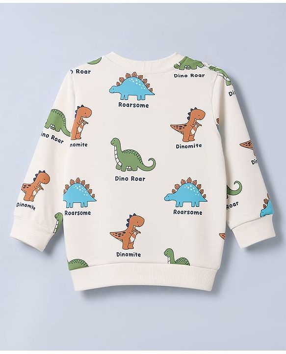 Babyhug Heavy Gauge 100% Cotton Terry Knit Full Sleeves Sweatshirts With Dinosaur and Text Print Pack of 2 - White & Green