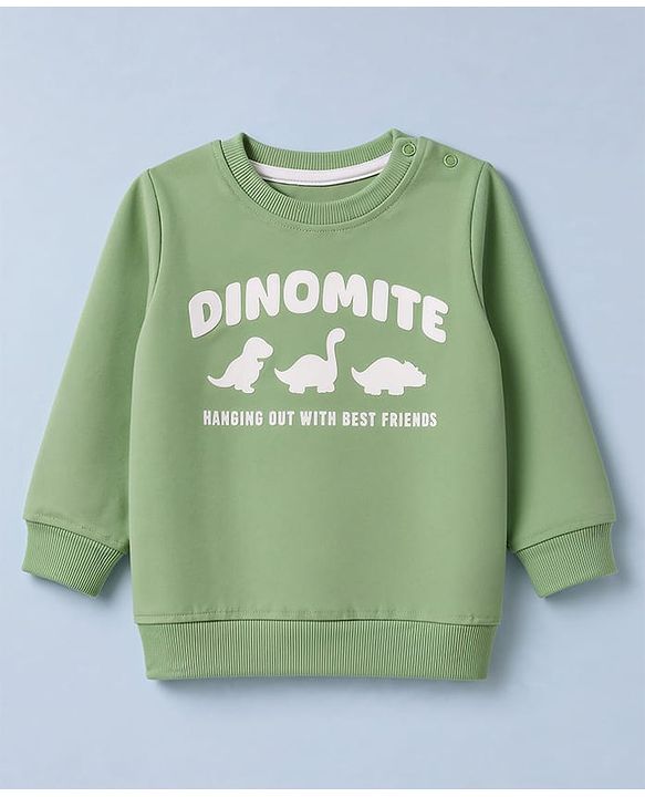 Babyhug Heavy Gauge 100% Cotton Terry Knit Full Sleeves Sweatshirts With Dinosaur and Text Print Pack of 2 - White & Green