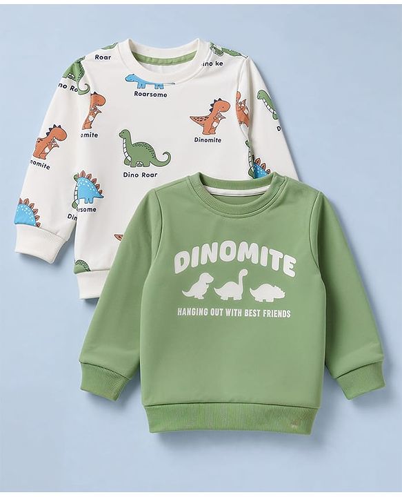 Babyhug Heavy Gauge 100% Cotton Terry Knit Full Sleeves Sweatshirts With Dinosaur and Text Print Pack of 2 - White & Green