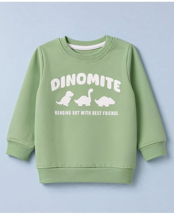 Babyhug Heavy Gauge 100% Cotton Terry Knit Full Sleeves Sweatshirts With Dinosaur and Text Print Pack of 2 - White & Green