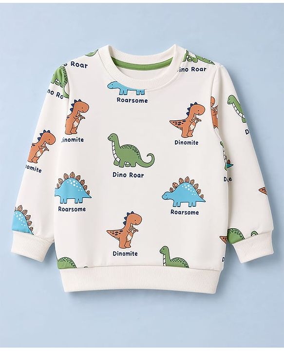 Babyhug Heavy Gauge 100% Cotton Terry Knit Full Sleeves Sweatshirts With Dinosaur and Text Print Pack of 2 - White & Green