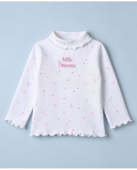 Babyhug Cotton Knit Winter T-Shirt with Full Sleeves, Little Princess Embroidery and Hearts Print in White