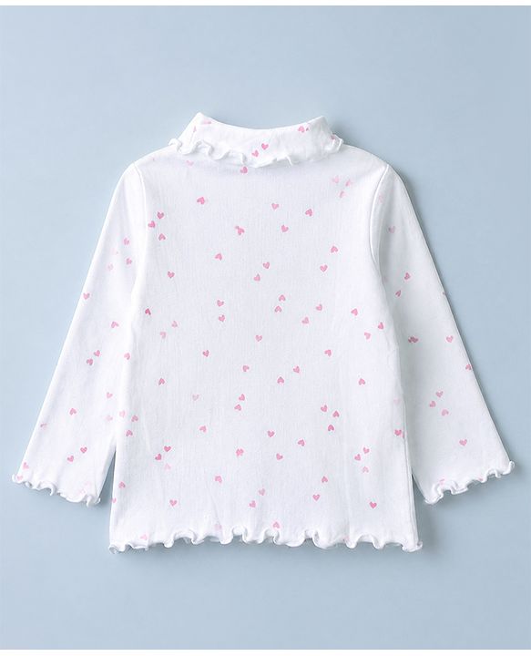 Babyhug Cotton Knit Winter T-Shirt with Full Sleeves, Little Princess Embroidery and Hearts Print in White