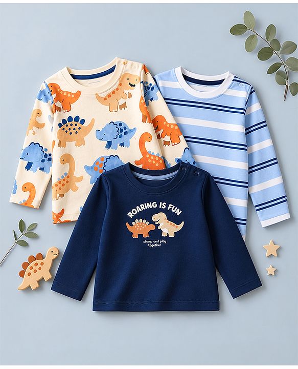 Babyhug 100% Cotton Knit Full Sleeves T-Shirts With Animal Print Pack of 3 in Navy Blue Peach
