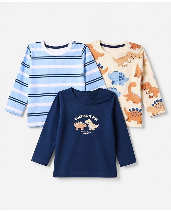 Babyhug 100% Cotton Knit Full Sleeves T-Shirts With Animal Print Pack of 3 in Navy Blue Peach