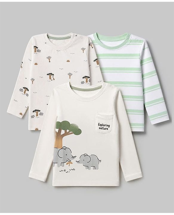 Babyhug 100% Cotton Knit Full Sleeves Striped T-Shirts with Elephant Trees Print Pack of 3 - White & Offwhite