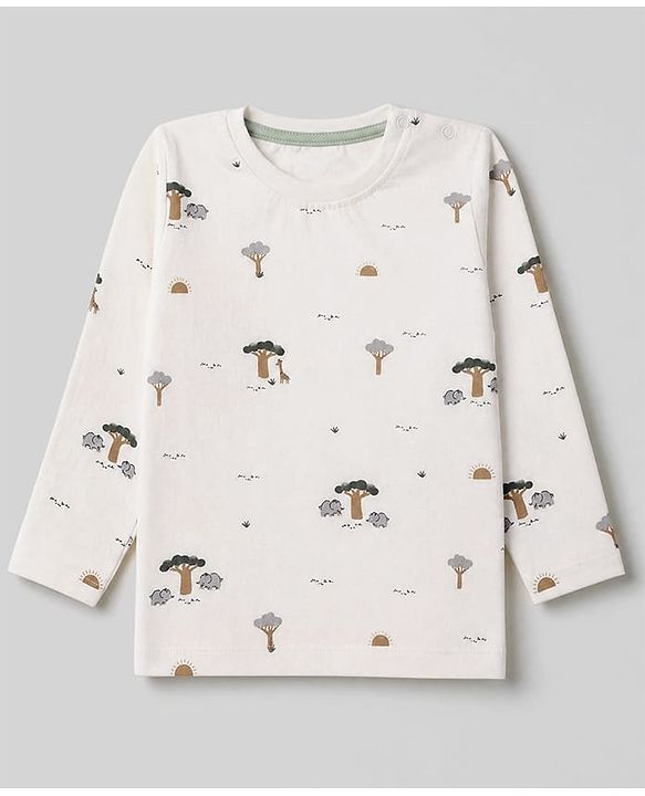 Babyhug 100% Cotton Knit Full Sleeves Striped T-Shirts with Elephant Trees Print Pack of 3 - White & Offwhite
