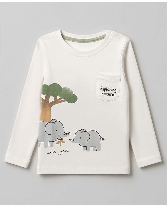 Babyhug 100% Cotton Knit Full Sleeves Striped T-Shirts with Elephant Trees Print Pack of 3 - White & Offwhite