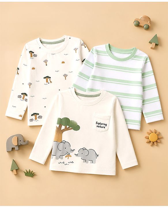 Babyhug 100% Cotton Knit Full Sleeves Striped T-Shirts with Elephant Trees Print Pack of 3 - White & Offwhite