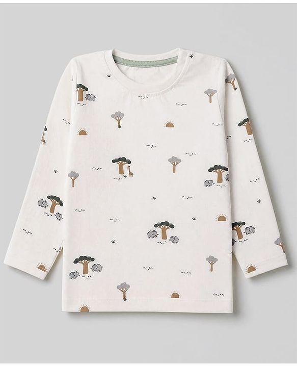 Babyhug 100% Cotton Knit Full Sleeves Striped T-Shirts with Elephant Trees Print Pack of 3 - White & Offwhite