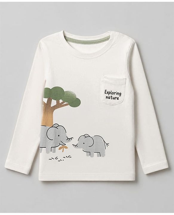Babyhug 100% Cotton Knit Full Sleeves Striped T-Shirts with Elephant Trees Print Pack of 3 - White & Offwhite