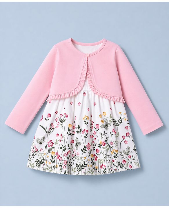 Babyhug Poplin Woven Frock and Full Sleeve Shrug with Floral Print - White & Pink