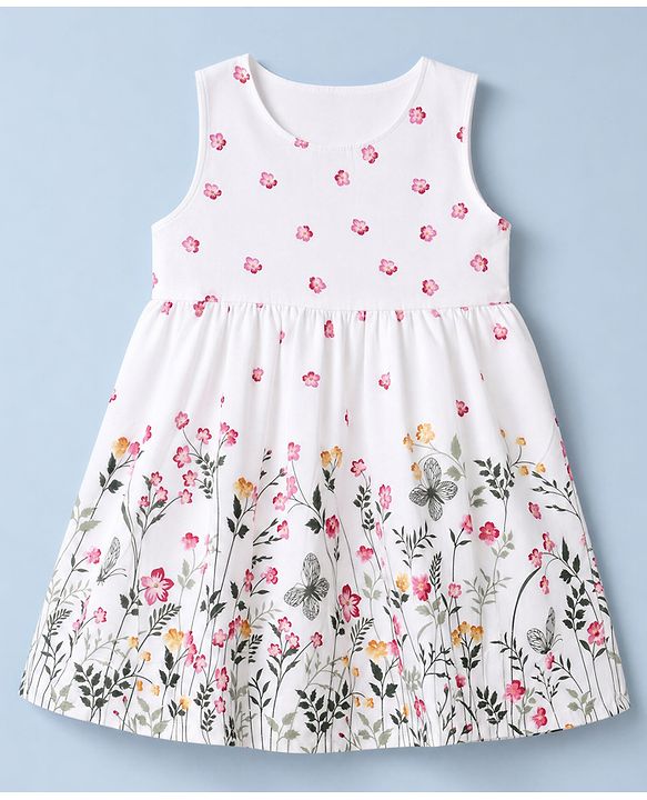 Babyhug Poplin Woven Frock and Full Sleeve Shrug with Floral Print - White & Pink
