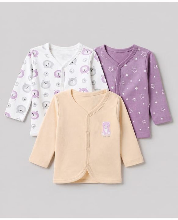 Babyhug 100% Cotton Interlock Knit Full Sleeves Jhablas with Bear & Star Print Pack of 3 - Purple White & Peach
