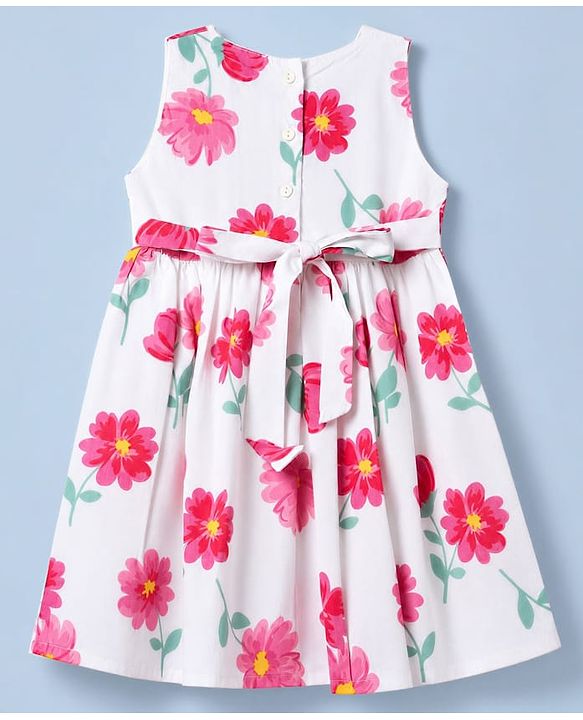 Babyhug Poplin Woven Frock and Full Sleeves Shrug with Floral Print - White & Dark Pink
