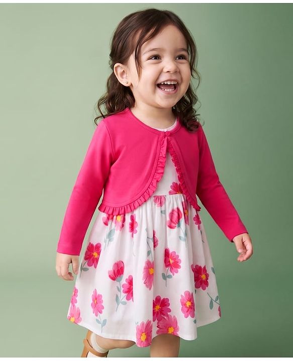 Babyhug Poplin Woven Frock and Full Sleeves Shrug with Floral Print - White & Dark Pink