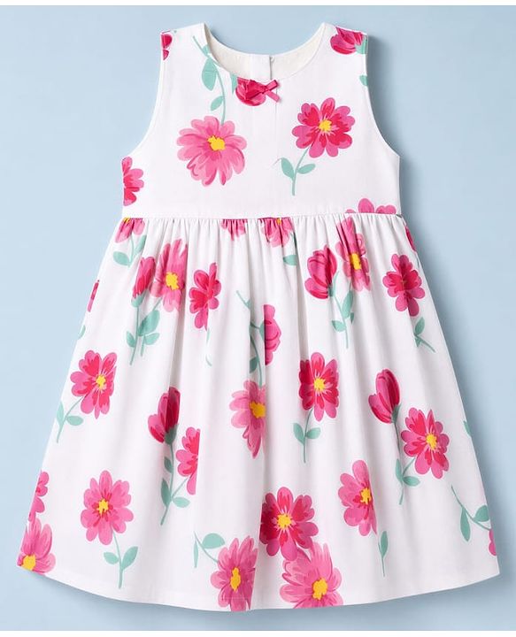 Babyhug Poplin Woven Frock and Full Sleeves Shrug with Floral Print - White & Dark Pink