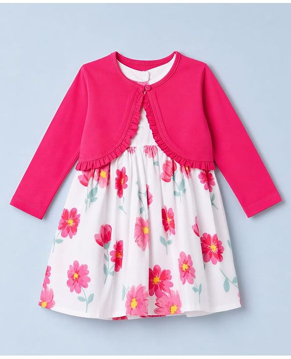 Babyhug Poplin Woven Frock and Full Sleeves Shrug with Floral Print - White & Dark Pink