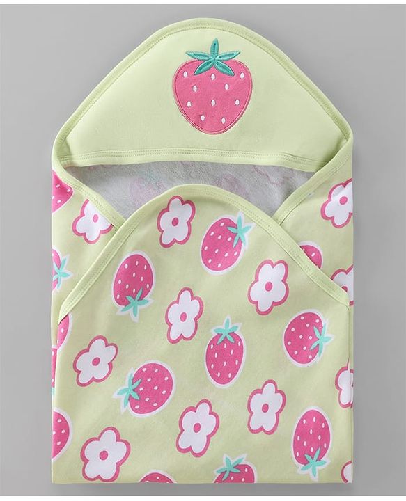 Babyhug Terry 100% Cotton Knit Hooded Towel With Embroidered Strawberry L 74.5 x B 77 cm - Light Green