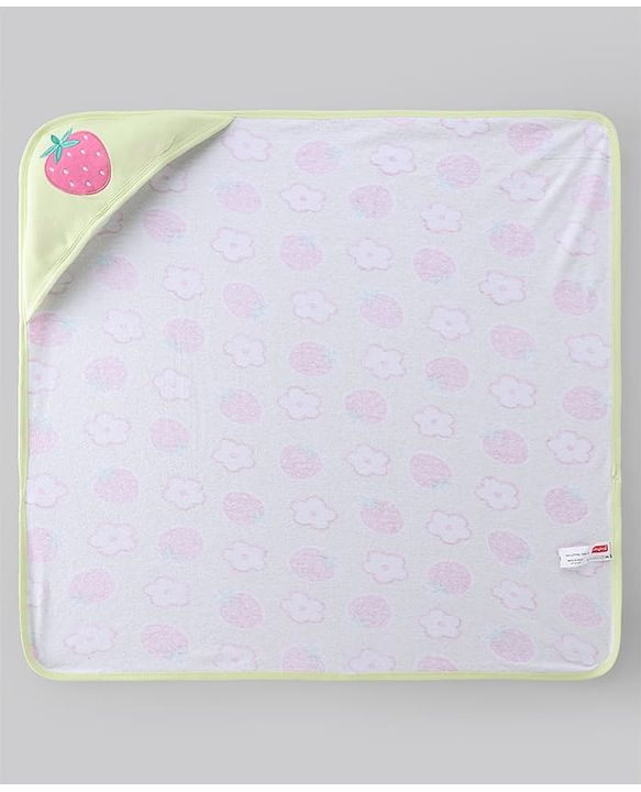Babyhug Terry 100% Cotton Knit Hooded Towel With Embroidered Strawberry L 74.5 x B 77 cm - Light Green