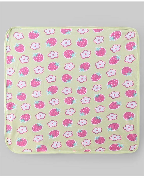 Babyhug Terry 100% Cotton Knit Hooded Towel With Embroidered Strawberry L 74.5 x B 77 cm - Light Green
