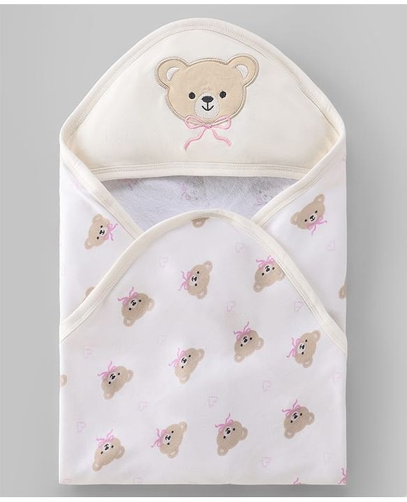 Babyhug Terry 100% Cotton Knit Hooded Towel With Embroidered Teddy Bear L 78 x B 74 cm - White