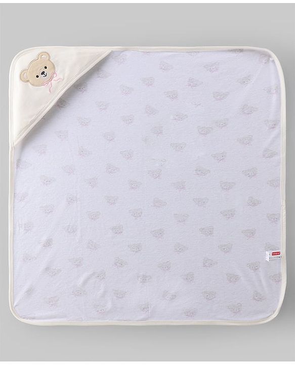 Babyhug Terry 100% Cotton Knit Hooded Towel With Embroidered Teddy Bear L 78 x B 74 cm - White