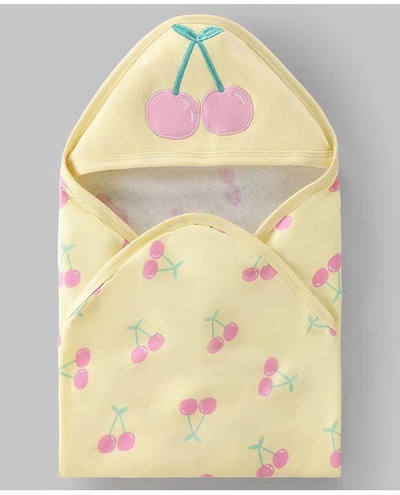 Babyhug Terry 100% Cotton Knit Hooded Towel With Embroidered Cherry L 79 x B 75 cm - Lemon