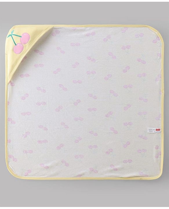 Babyhug Terry 100% Cotton Knit Hooded Towel With Embroidered Cherry L 79 x B 75 cm - Lemon