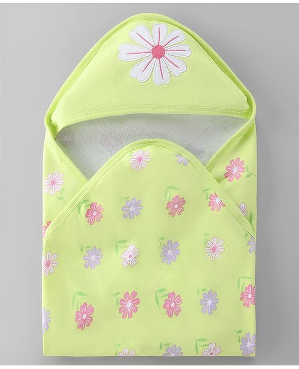 Babyhug Terry 100% Cotton Knit Hooded Towel With Embroidered Floral L 79 x B 75 cm - Light Green