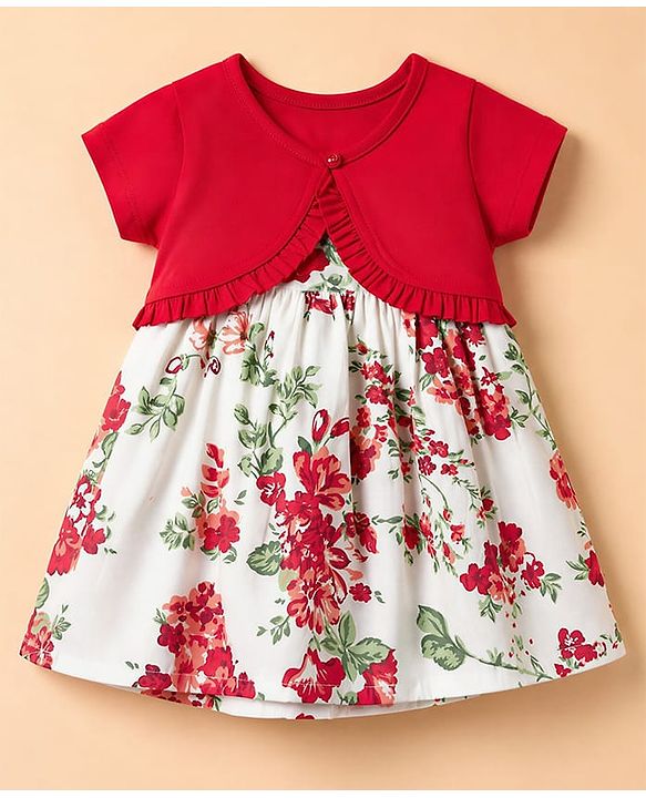 Babyhug Poplin Woven Sleeveless Frock with Jacket and Floral Print - White & Red