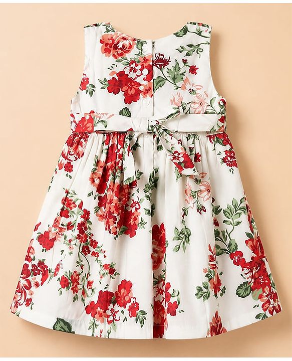 Babyhug Poplin Woven Sleeveless Frock with Jacket and Floral Print - White & Red