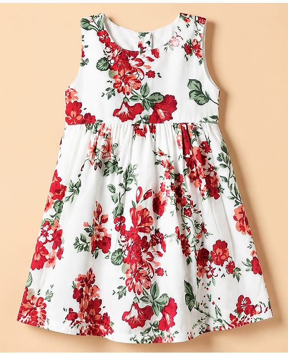 Babyhug Poplin Woven Sleeveless Frock with Jacket and Floral Print - White & Red