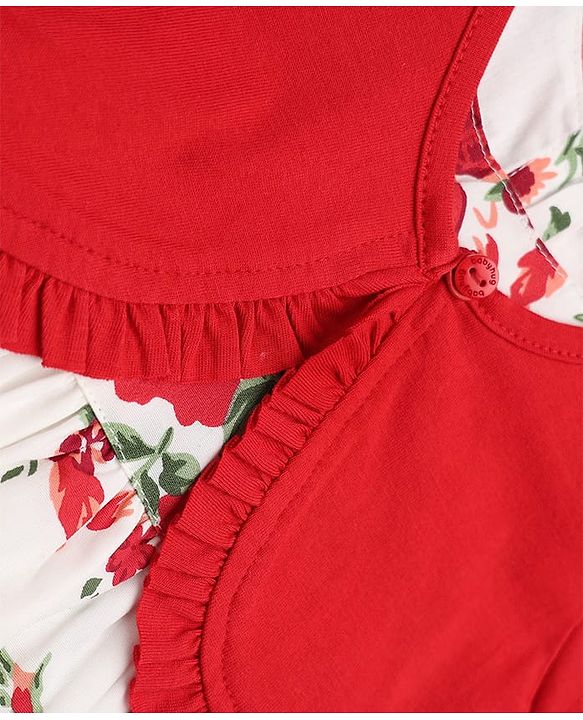 Babyhug Poplin Woven Sleeveless Frock with Jacket and Floral Print - White & Red
