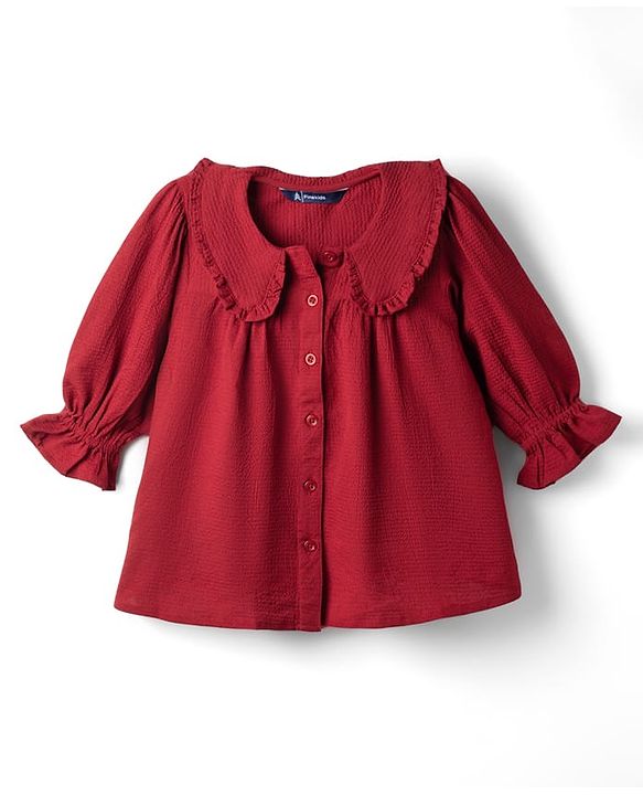 Pine Kids Woven Full Sleeves and Frill Cuffs Solid Colour Top with Peter Pan Collar - Maroon