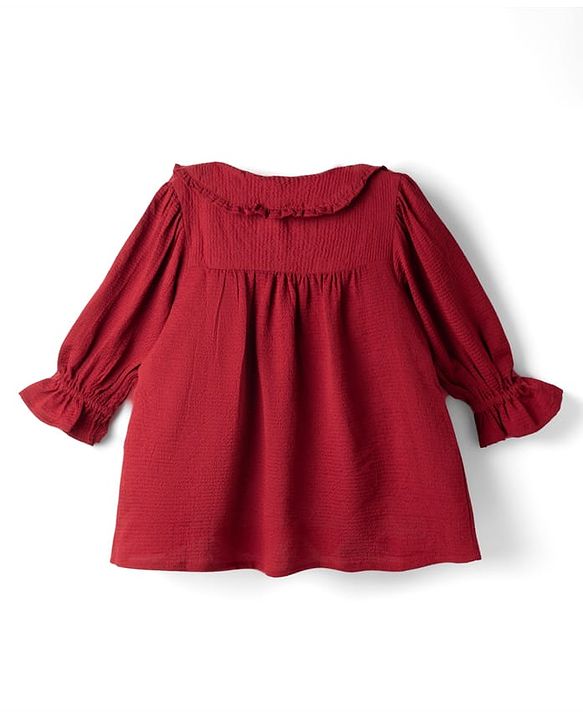 Pine Kids Woven Full Sleeves and Frill Cuffs Solid Colour Top with Peter Pan Collar - Maroon