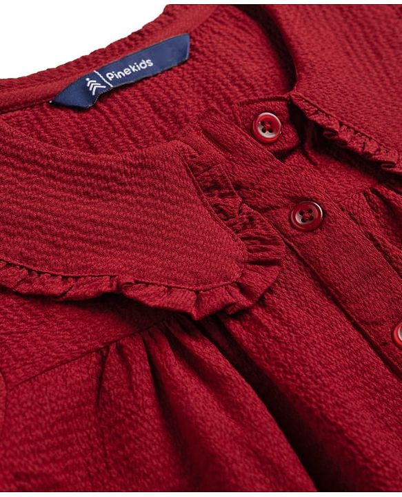 Pine Kids Woven Full Sleeves and Frill Cuffs Solid Colour Top with Peter Pan Collar - Maroon