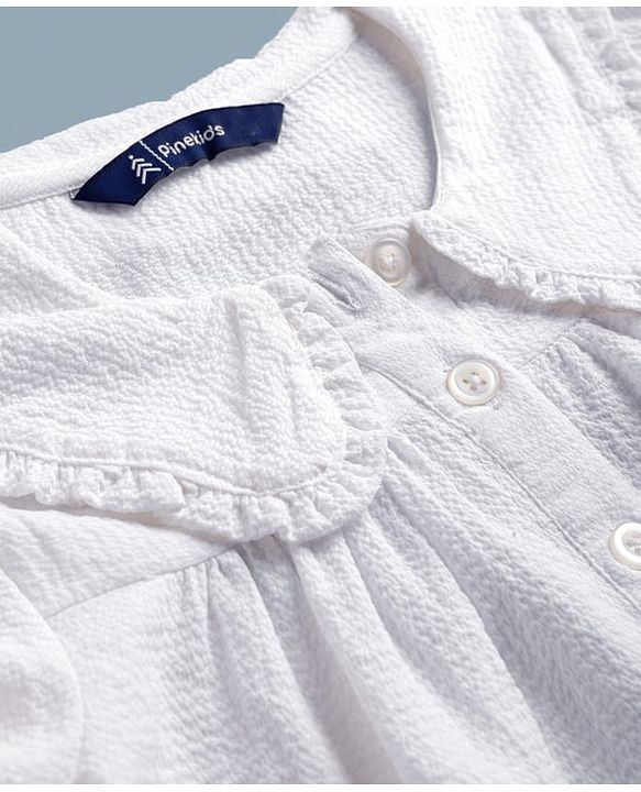Pine Kids Woven Full Sleeves and Frill Cuffs Solid Colour Top with Peter Pan Collar - White