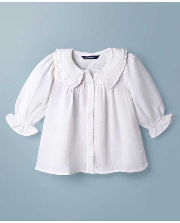 Pine Kids Woven Full Sleeves and Frill Cuffs Solid Colour Top with Peter Pan Collar - White