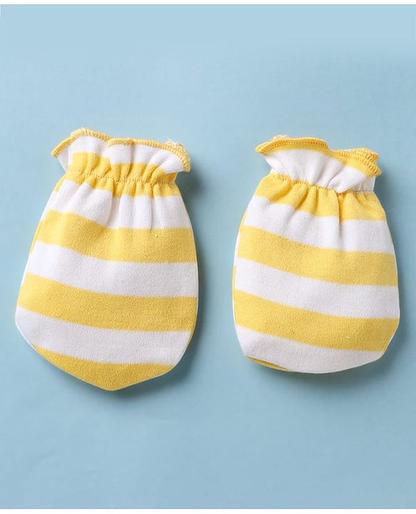 Babyhug 100% Cotton Interlock Knit Striped Cap Mittens & Booties Yellow - Diameter 9.5 cm