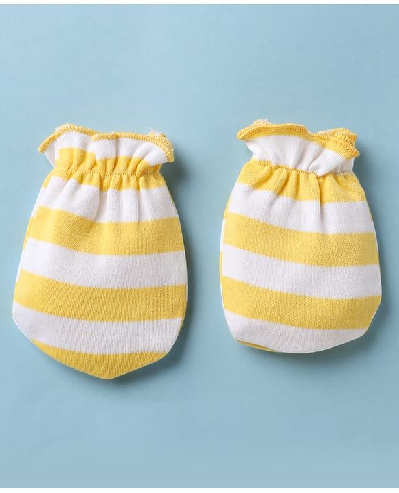 Babyhug 100% Cotton Interlock Knit Striped Cap Mittens & Booties Yellow - Diameter 9.5 cm