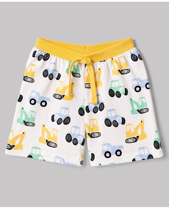 Babyhug 100% Cotton Single Jersey Cotton Knit Mid Thigh Shorts Set of 3 With Vehicle Print - Yellow, Blue & White