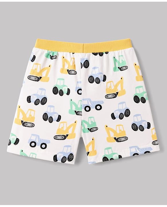 Babyhug 100% Cotton Single Jersey Cotton Knit Mid Thigh Shorts Set of 3 With Vehicle Print - Yellow, Blue & White