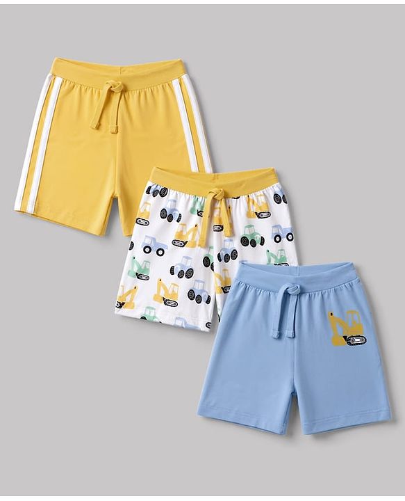 Babyhug 100% Cotton Single Jersey Cotton Knit Mid Thigh Shorts Set of 3 With Vehicle Print - Yellow, Blue & White
