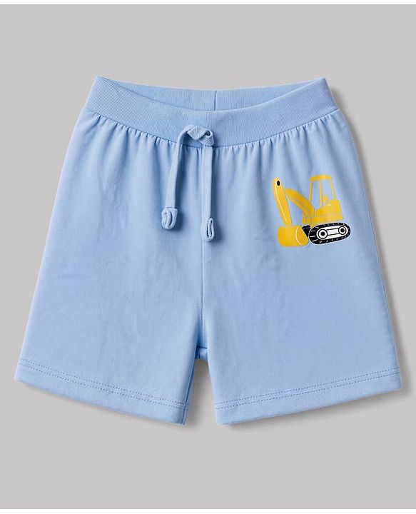 Babyhug 100% Cotton Single Jersey Cotton Knit Mid Thigh Shorts Set of 3 With Vehicle Print - Yellow, Blue & White
