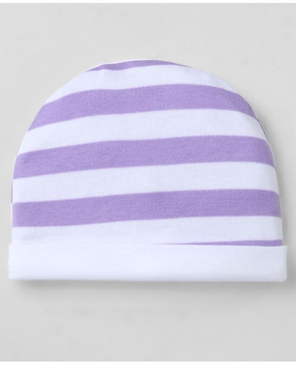 Babyhug 100% Cotton Interlock Knit Striped Cap, Mitten & Booties - Purple