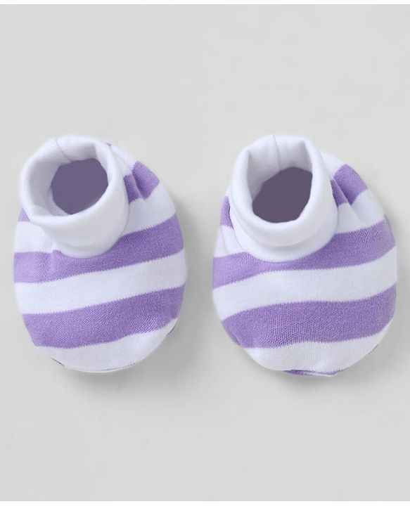 Babyhug 100% Cotton Interlock Knit Striped Cap, Mitten & Booties - Purple