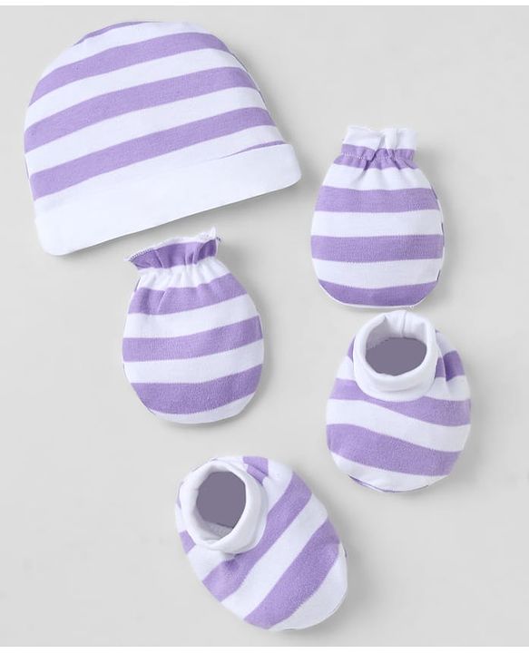 Babyhug 100% Cotton Interlock Knit Striped Cap, Mitten & Booties - Purple