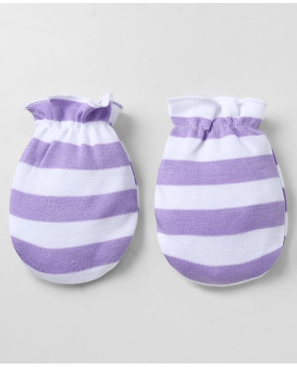 Babyhug 100% Cotton Interlock Knit Striped Cap, Mitten & Booties - Purple